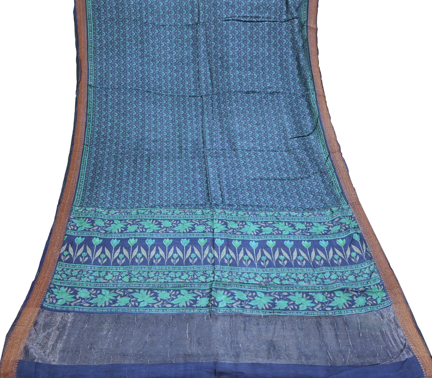 Vintage blue green Wool Saree Indian Pure Woolen Floral Woven Fabric 5 Yard Soft Warm Craft Material for Winter Dressmaking & Sewing