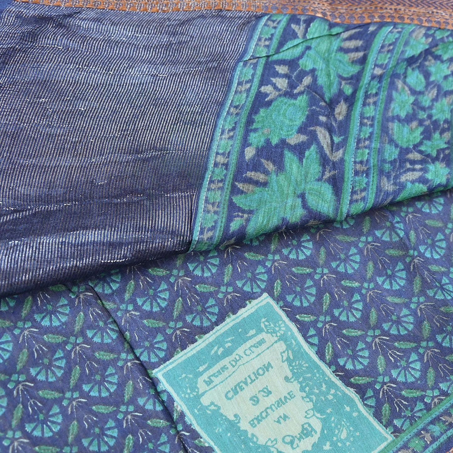 Vintage blue green Wool Saree Indian Pure Woolen Floral Woven Fabric 5 Yard Soft Warm Craft Material for Winter Dressmaking & Sewing