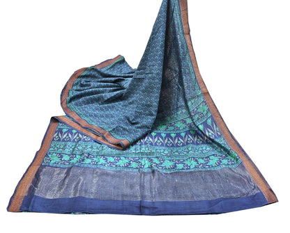 Vintage blue green Wool Saree Indian Pure Woolen Floral Woven Fabric 5 Yard Soft Warm Craft Material for Winter Dressmaking & Sewing