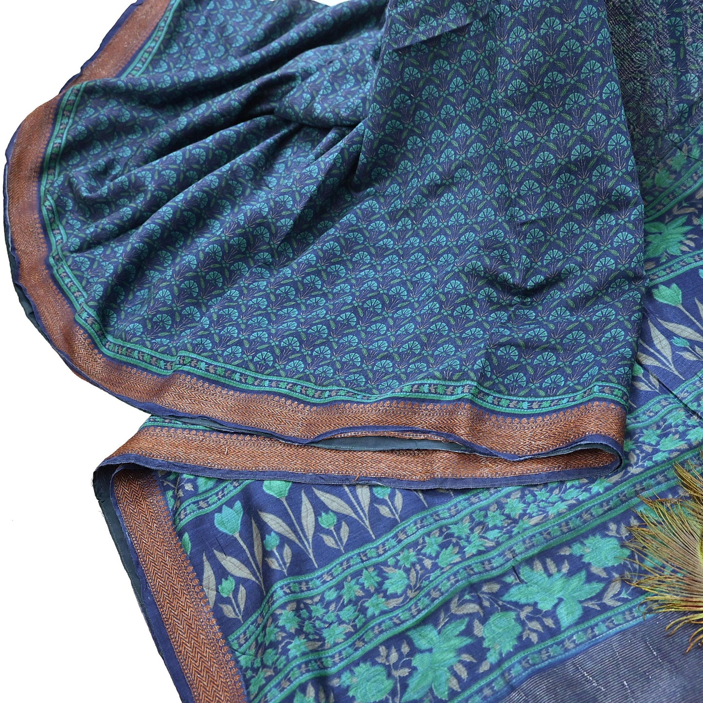 Vintage blue green Wool Saree Indian Pure Woolen Floral Woven Fabric 5 Yard Soft Warm Craft Material for Winter Dressmaking & Sewing