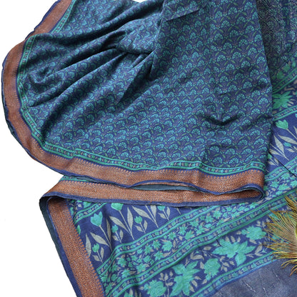Vintage blue green Wool Saree Indian Pure Woolen Floral Woven Fabric 5 Yard Soft Warm Craft Material for Winter Dressmaking & Sewing