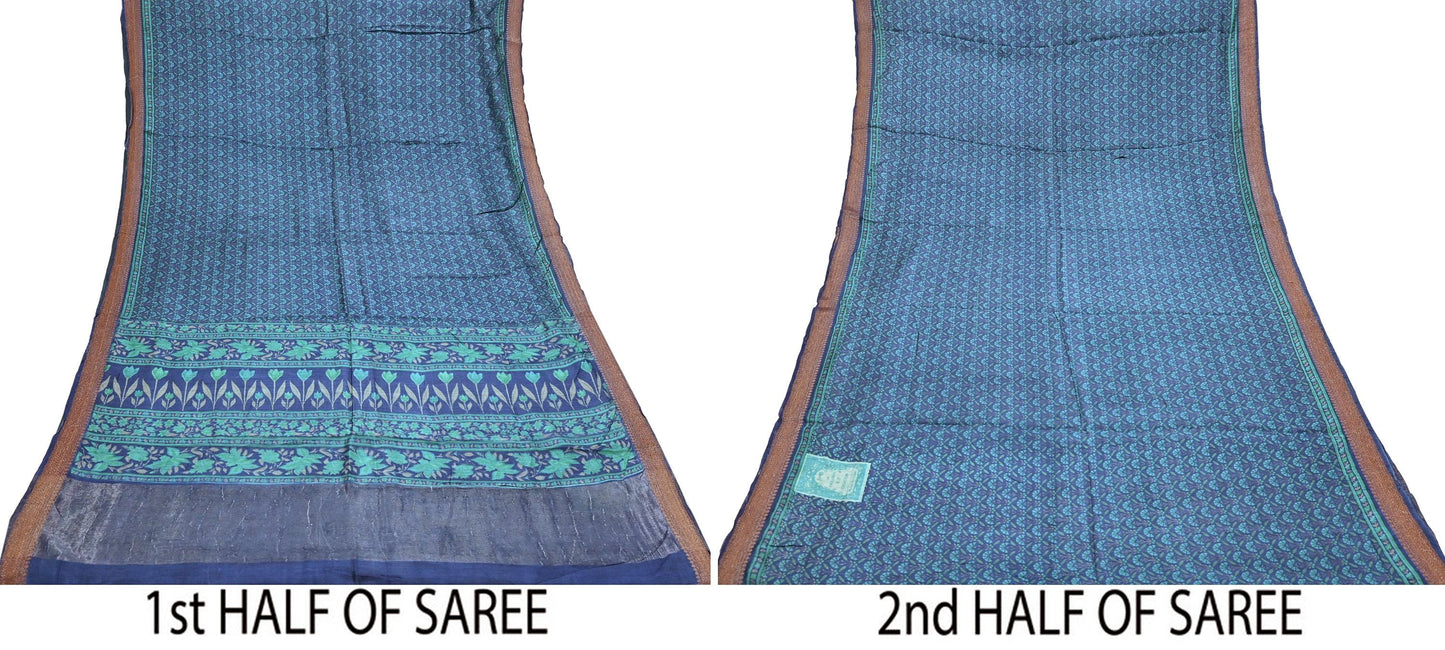 Vintage blue green Wool Saree Indian Pure Woolen Floral Woven Fabric 5 Yard Soft Warm Craft Material for Winter Dressmaking & Sewing