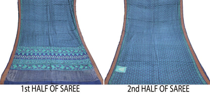 Vintage blue green Wool Saree Indian Pure Woolen Floral Woven Fabric 5 Yard Soft Warm Craft Material for Winter Dressmaking & Sewing