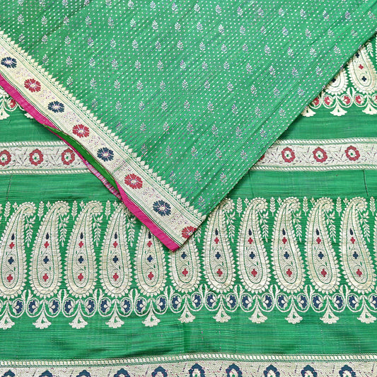 Indian Vintage Sari Green Heavy Pure Silk Woven Banarasi Brocade Saree Fabric 5Yd Ethnic Dress making Crafting Bollywood Zari