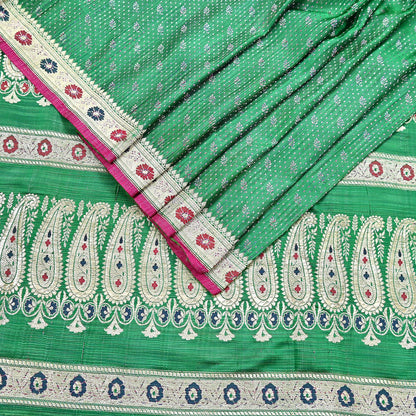 Indian Vintage Sari Green Heavy Pure Silk Woven Banarasi Brocade Saree Fabric 5Yd Ethnic Dress making Crafting Bollywood Zari