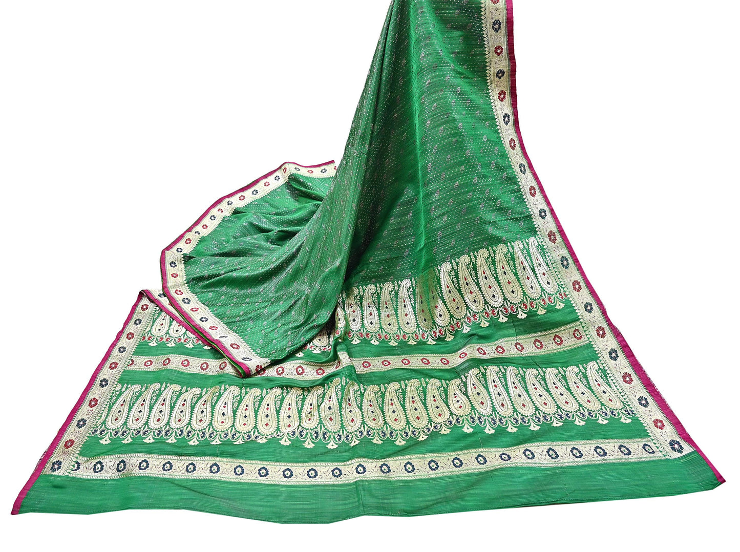 Indian Vintage Sari Green Heavy Pure Silk Woven Banarasi Brocade Saree Fabric 5Yd Ethnic Dress making Crafting Bollywood Zari