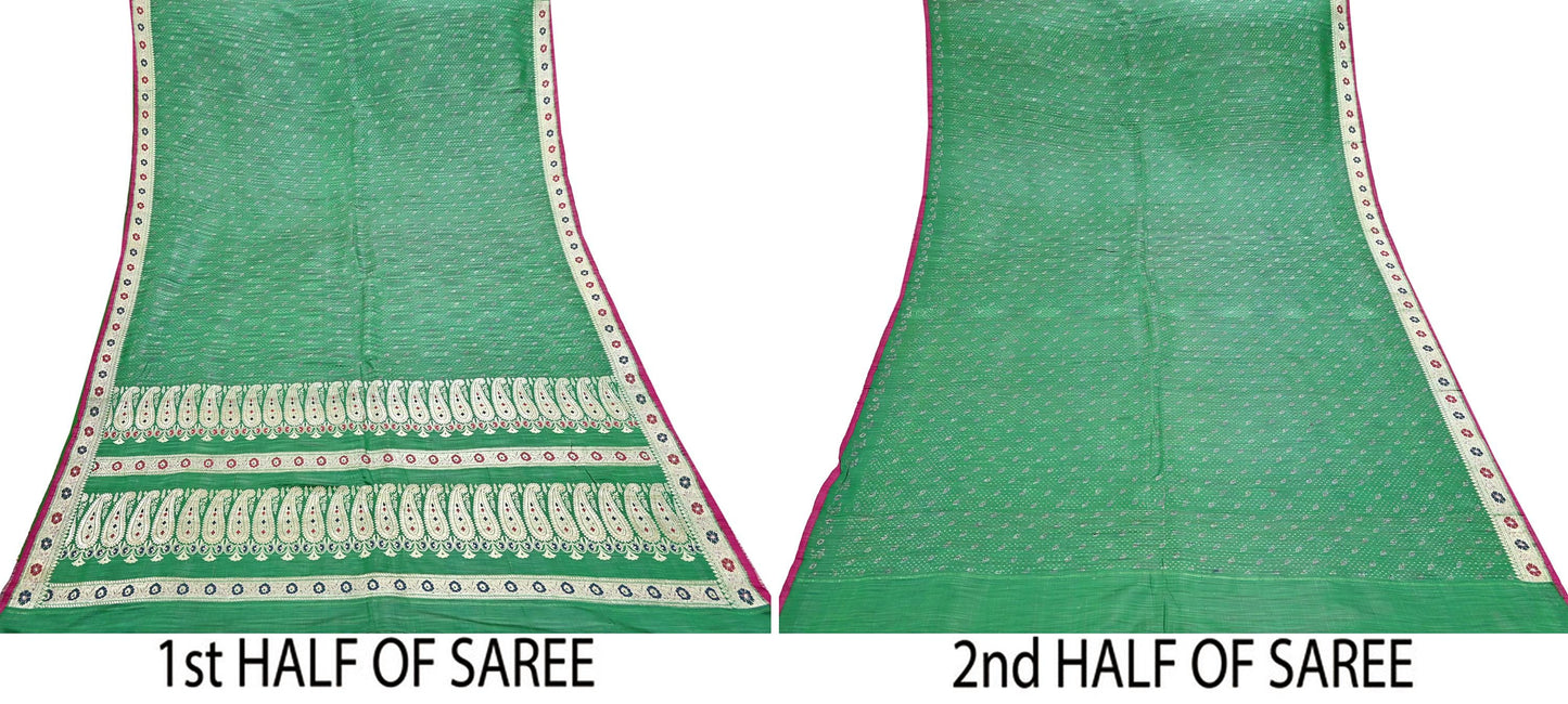 Indian Vintage Sari Green Heavy Pure Silk Woven Banarasi Brocade Saree Fabric 5Yd Ethnic Dress making Crafting Bollywood Zari