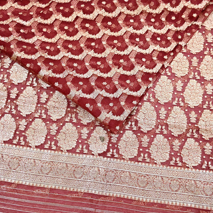 Indian Vintage Sari Heavy Maroon Pure Organza Silk Woven Brocade Banarasi Sarees Zari 5Yd Ethnic Fabric Dress Making Wedding Sarees