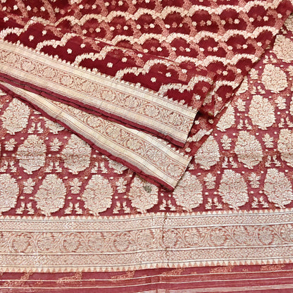 Indian Vintage Sari Heavy Maroon Pure Organza Silk Woven Brocade Banarasi Sarees Zari 5Yd Ethnic Fabric Dress Making Wedding Sarees