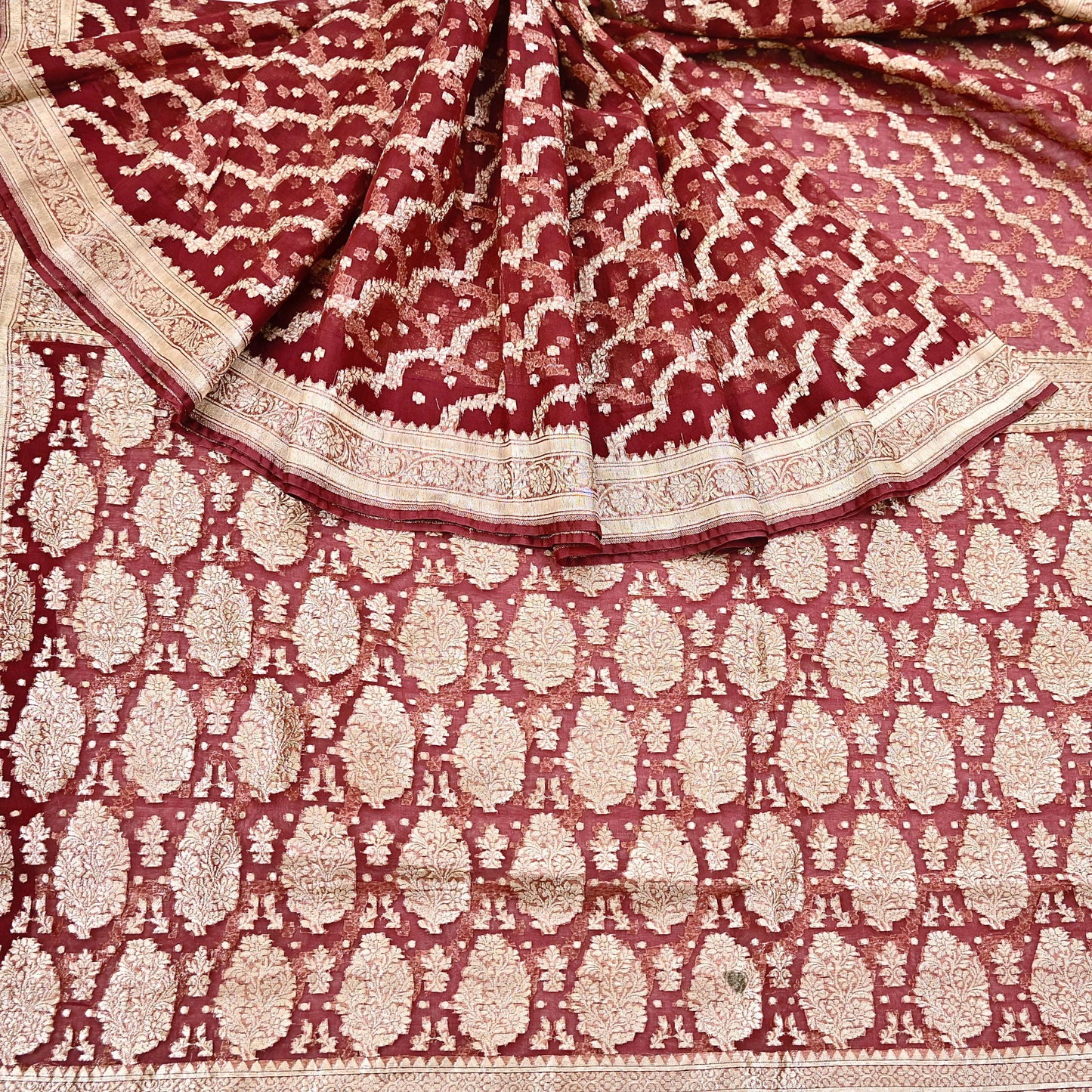 Indian Vintage Sari Heavy Maroon Pure Organza Silk Woven Brocade Banarasi Sarees Zari 5Yd Ethnic Fabric Dress Making Wedding Sarees