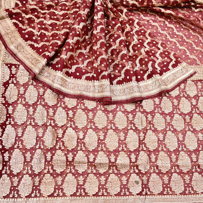 Indian Vintage Sari Heavy Maroon Pure Organza Silk Woven Brocade Banarasi Sarees Zari 5Yd Ethnic Fabric Dress Making Wedding Sarees