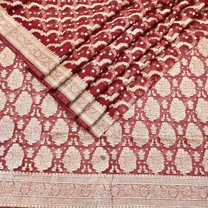 Indian Vintage Sari Heavy Maroon Pure Organza Silk Woven Brocade Banarasi Sarees Zari 5Yd Ethnic Fabric Dress Making Wedding Sarees