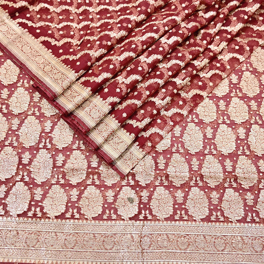 Indian Vintage Sari Heavy Maroon Pure Organza Silk Woven Brocade Banarasi Sarees Zari 5Yd Ethnic Fabric Dress Making Wedding Sarees
