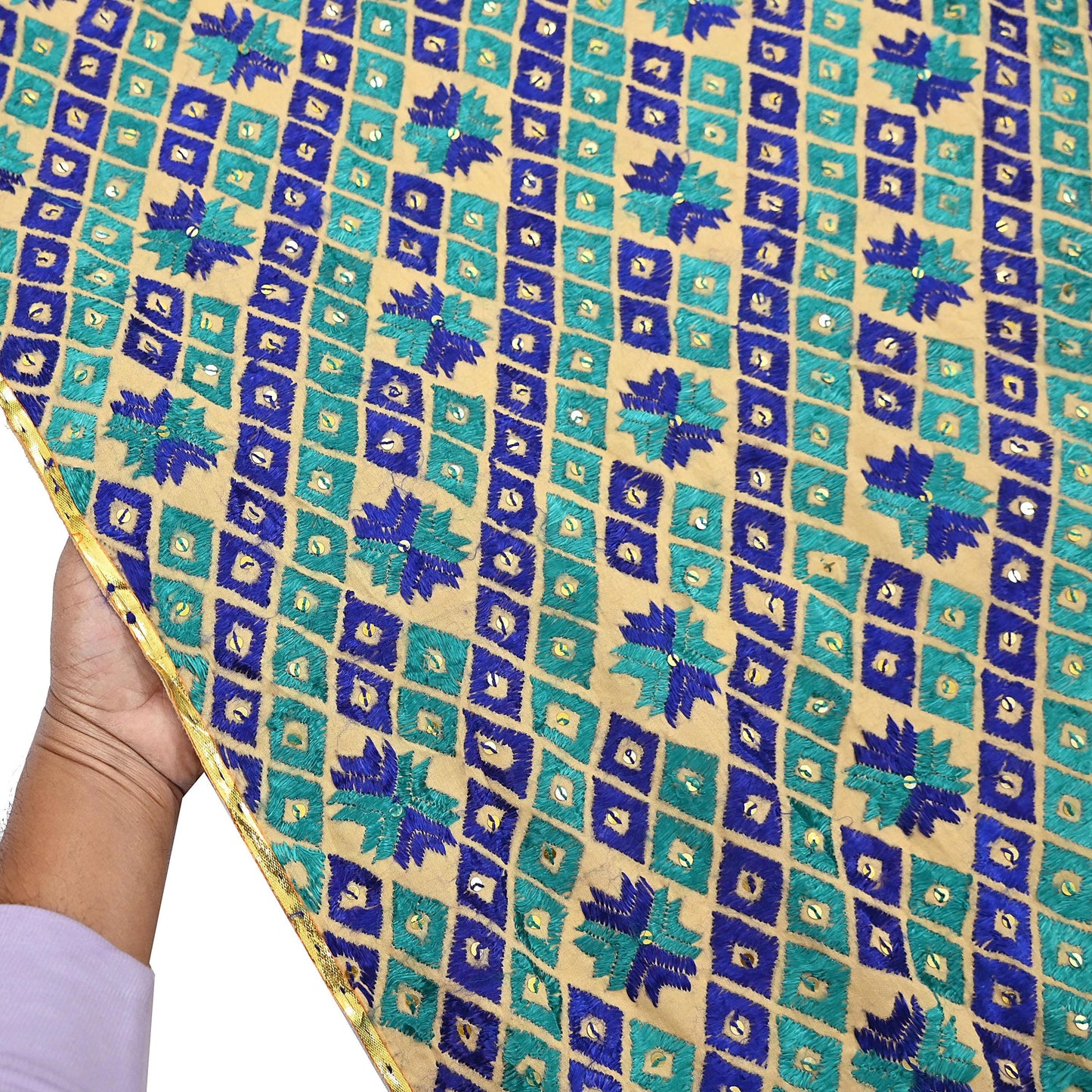 Indian Vintage Beige Heavy Wedding Dupatta Long Stole Pure Cotton Hand Embroidered Bagh Phulkari Stole Scarves