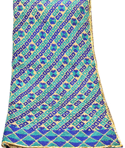 Indian Vintage Beige Heavy Wedding Dupatta Long Stole Pure Cotton Hand Embroidered Bagh Phulkari Stole Scarves