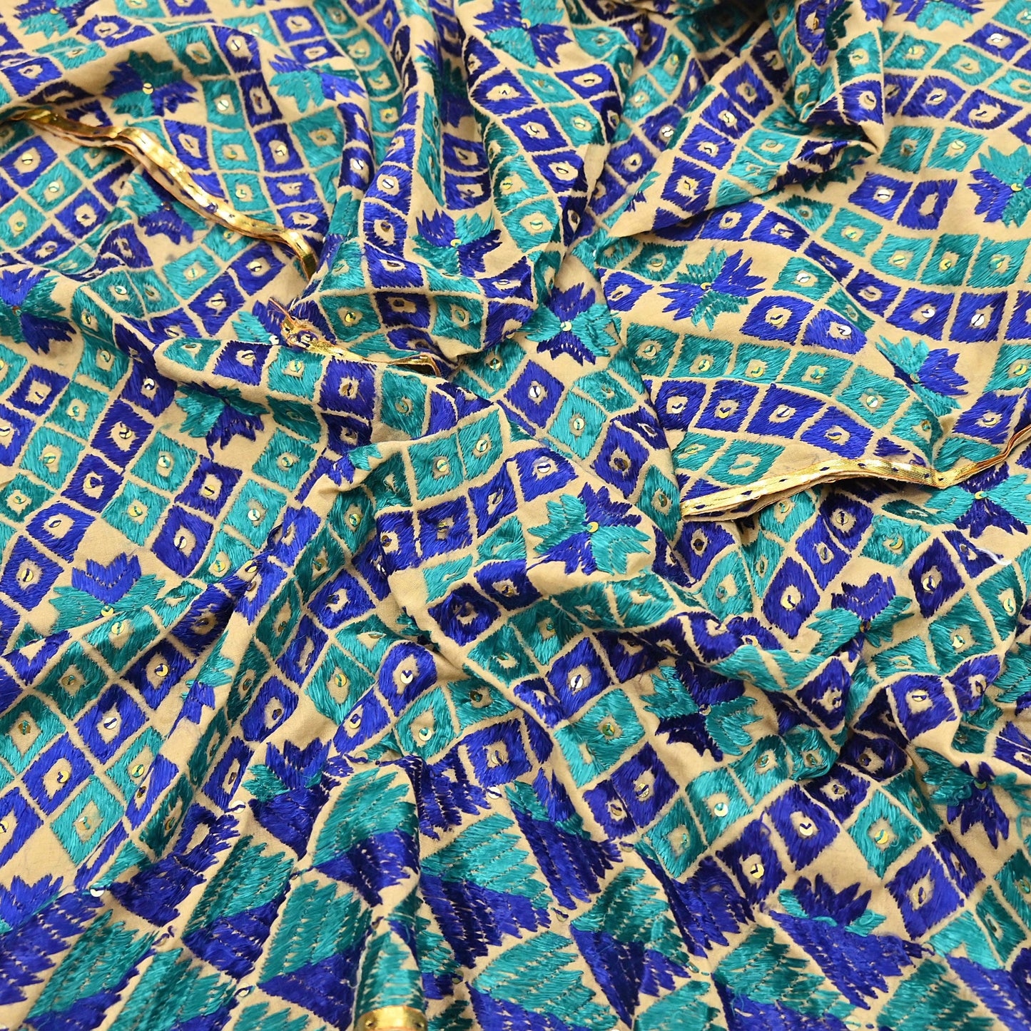 Indian Vintage Beige Heavy Wedding Dupatta Long Stole Pure Cotton Hand Embroidered Bagh Phulkari Stole Scarves