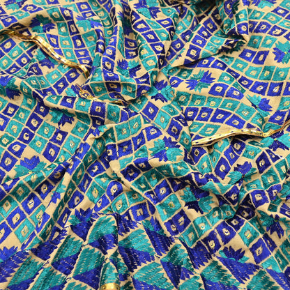 Indian Vintage Beige Heavy Wedding Dupatta Long Stole Pure Cotton Hand Embroidered Bagh Phulkari Stole Scarves