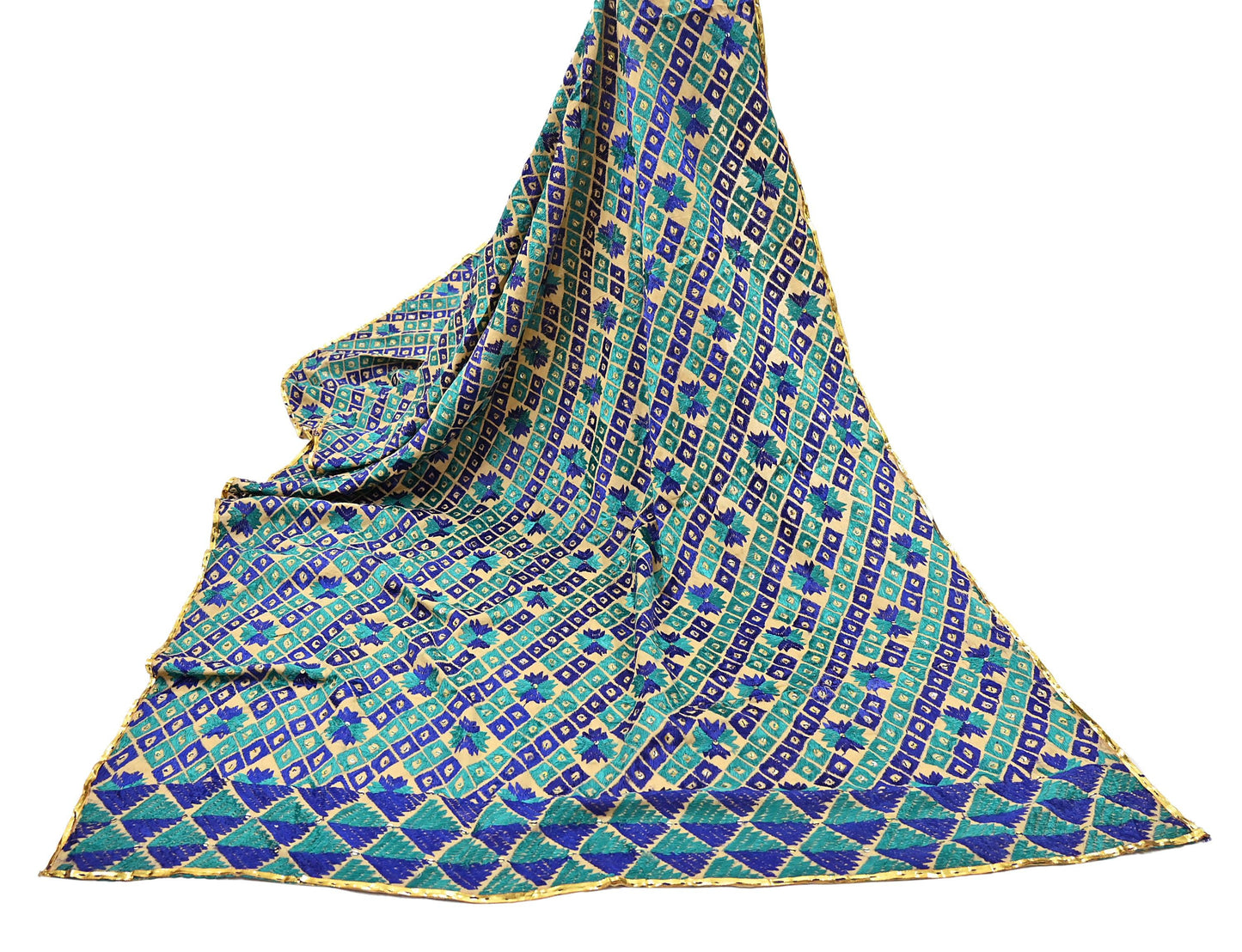 Indian Vintage Beige Heavy Wedding Dupatta Long Stole Pure Cotton Hand Embroidered Bagh Phulkari Stole Scarves