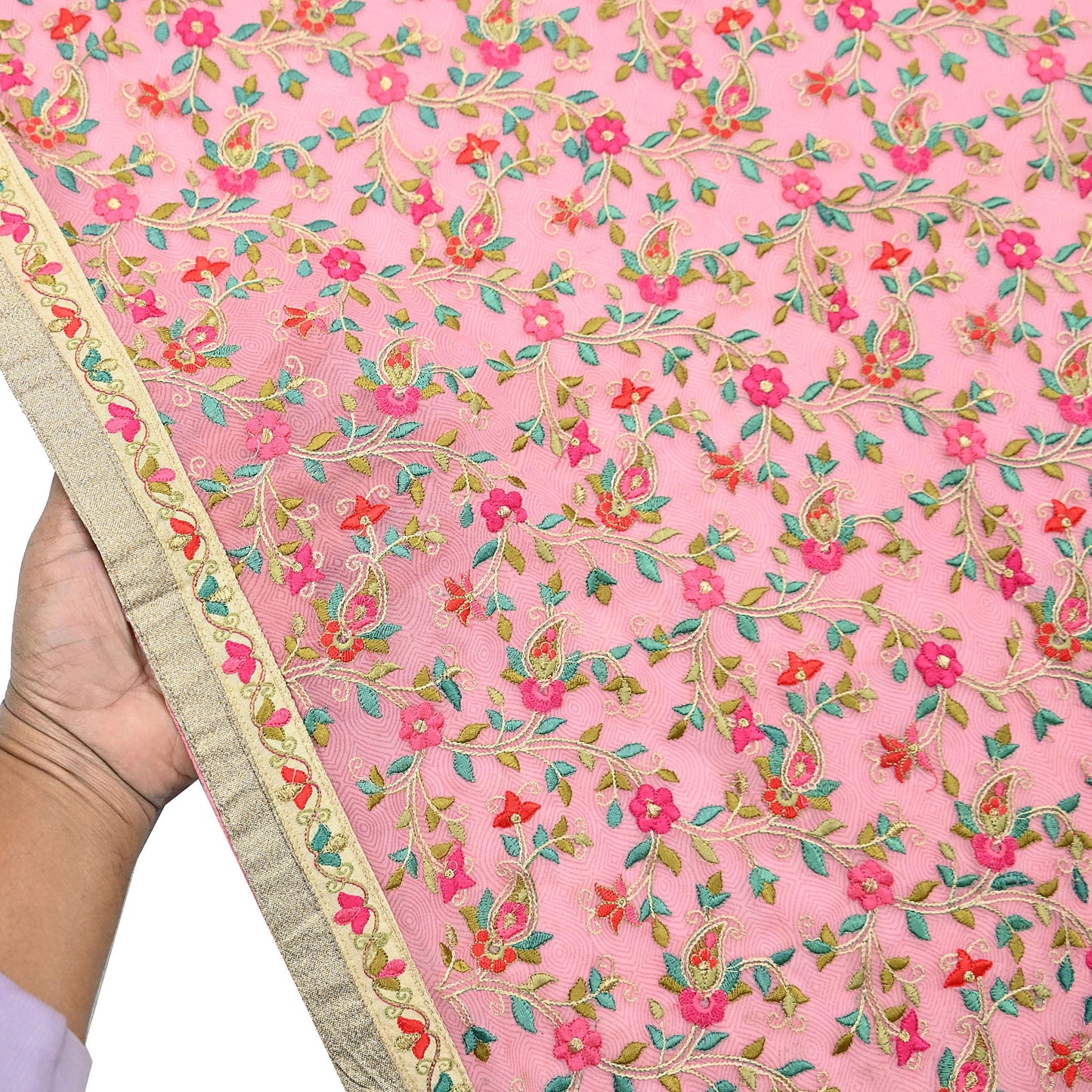 Indian Vintage Dupatta Pink Long Stole Pure Georgette Silk Embroidered Scarves Veil Hijab Floral Peacock