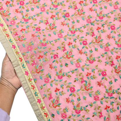 Indian Vintage Dupatta Pink Long Stole Pure Georgette Silk Embroidered Scarves Veil Hijab Floral Peacock