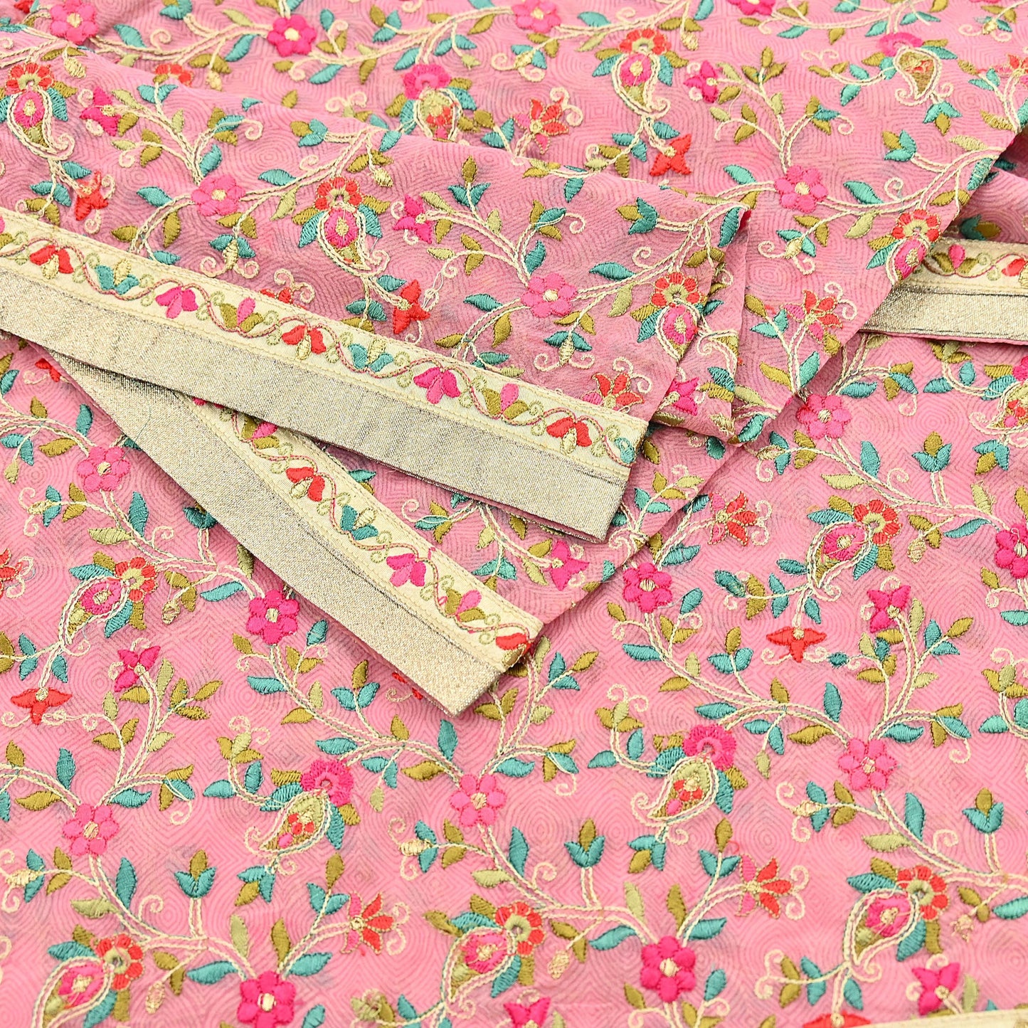 Indian Vintage Dupatta Pink Long Stole Pure Georgette Silk Embroidered Scarves Veil Hijab Floral Peacock