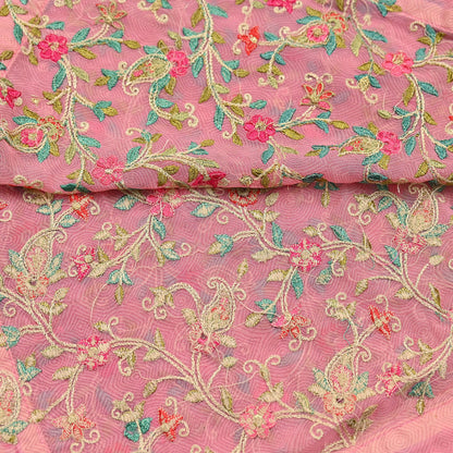 Indian Vintage Dupatta Pink Long Stole Pure Georgette Silk Embroidered Scarves Veil Hijab Floral Peacock