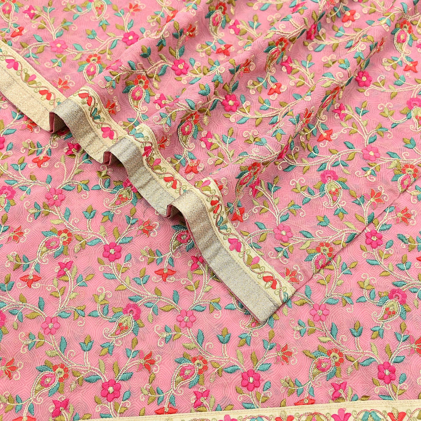 Indian Vintage Dupatta Pink Long Stole Pure Georgette Silk Embroidered Scarves Veil Hijab Floral Peacock