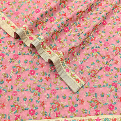 Indian Vintage Dupatta Pink Long Stole Pure Georgette Silk Embroidered Scarves Veil Hijab Floral Peacock