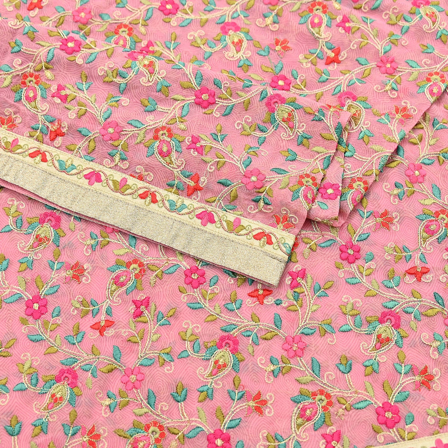 Indian Vintage Dupatta Pink Long Stole Pure Georgette Silk Embroidered Scarves Veil Hijab Floral Peacock