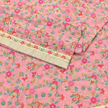 Indian Vintage Dupatta Pink Long Stole Pure Georgette Silk Embroidered Scarves Veil Hijab Floral Peacock