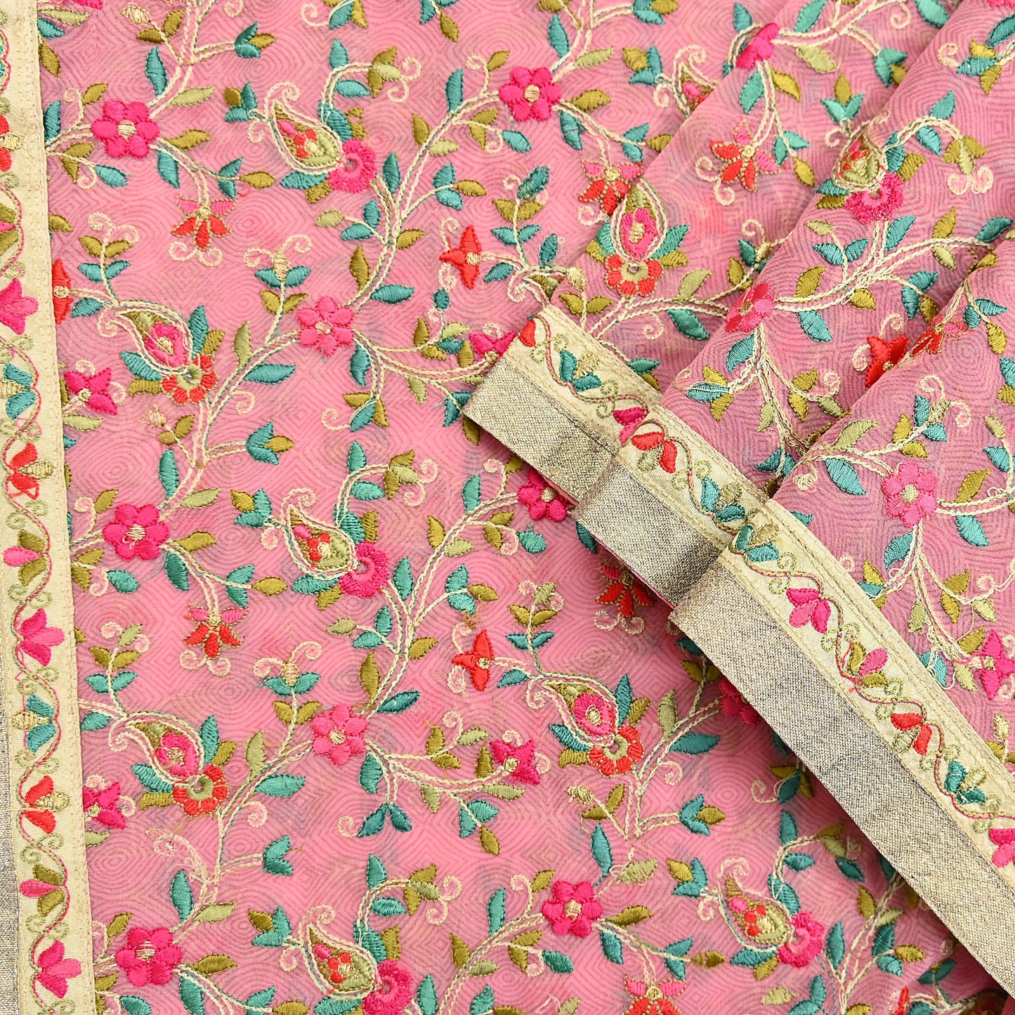 Indian Vintage Dupatta Pink Long Stole Pure Georgette Silk Embroidered Scarves Veil Hijab Floral Peacock