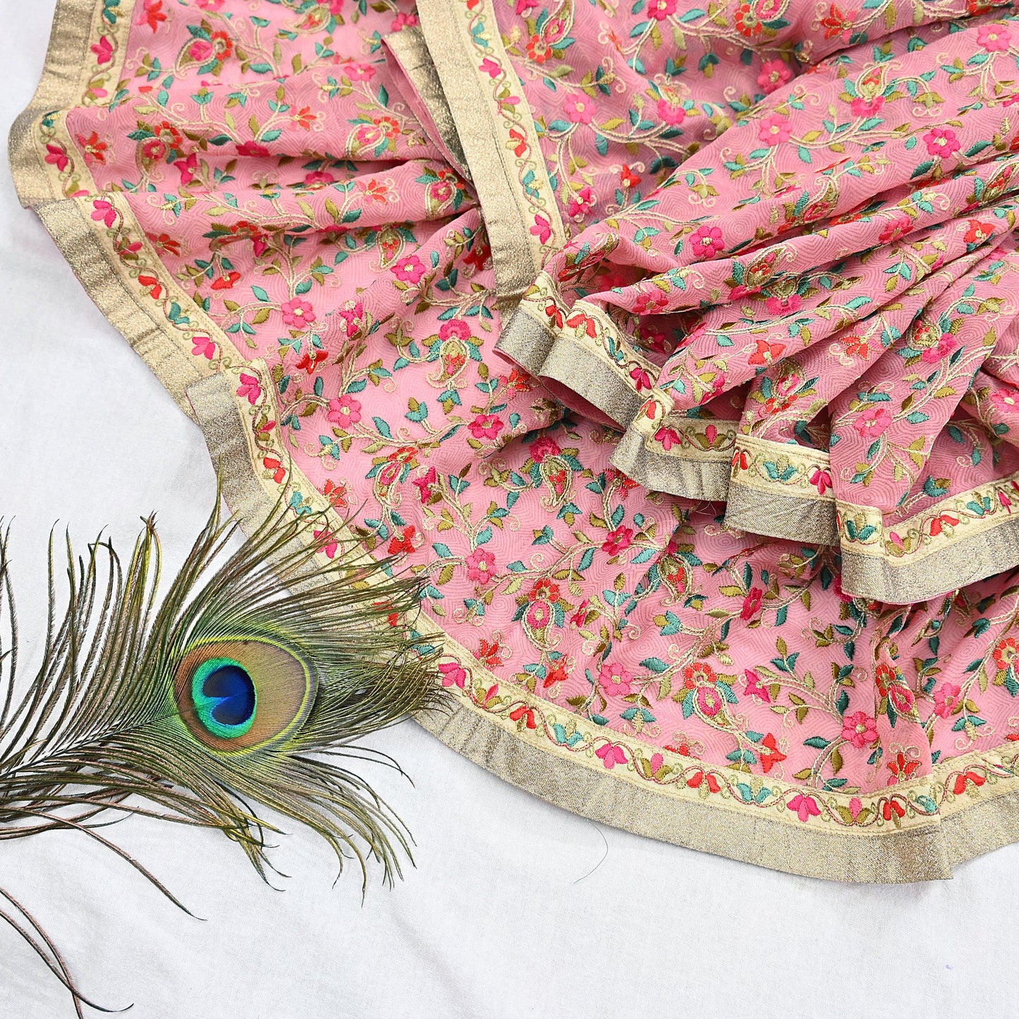 Indian Vintage Dupatta Pink Long Stole Pure Georgette Silk Embroidered Scarves Veil Hijab Floral Peacock