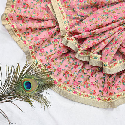 Indian Vintage Dupatta Pink Long Stole Pure Georgette Silk Embroidered Scarves Veil Hijab Floral Peacock
