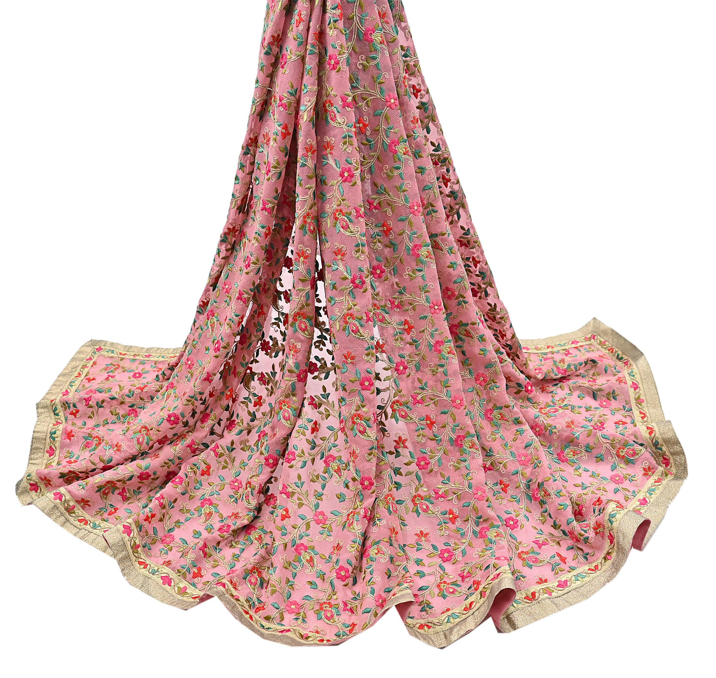 Indian Vintage Dupatta Pink Long Stole Pure Georgette Silk Embroidered Scarves Veil Hijab Floral Peacock
