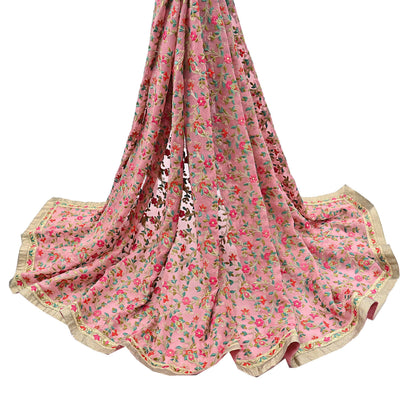 Indian Vintage Dupatta Pink Long Stole Pure Georgette Silk Embroidered Scarves Veil Hijab Floral Peacock