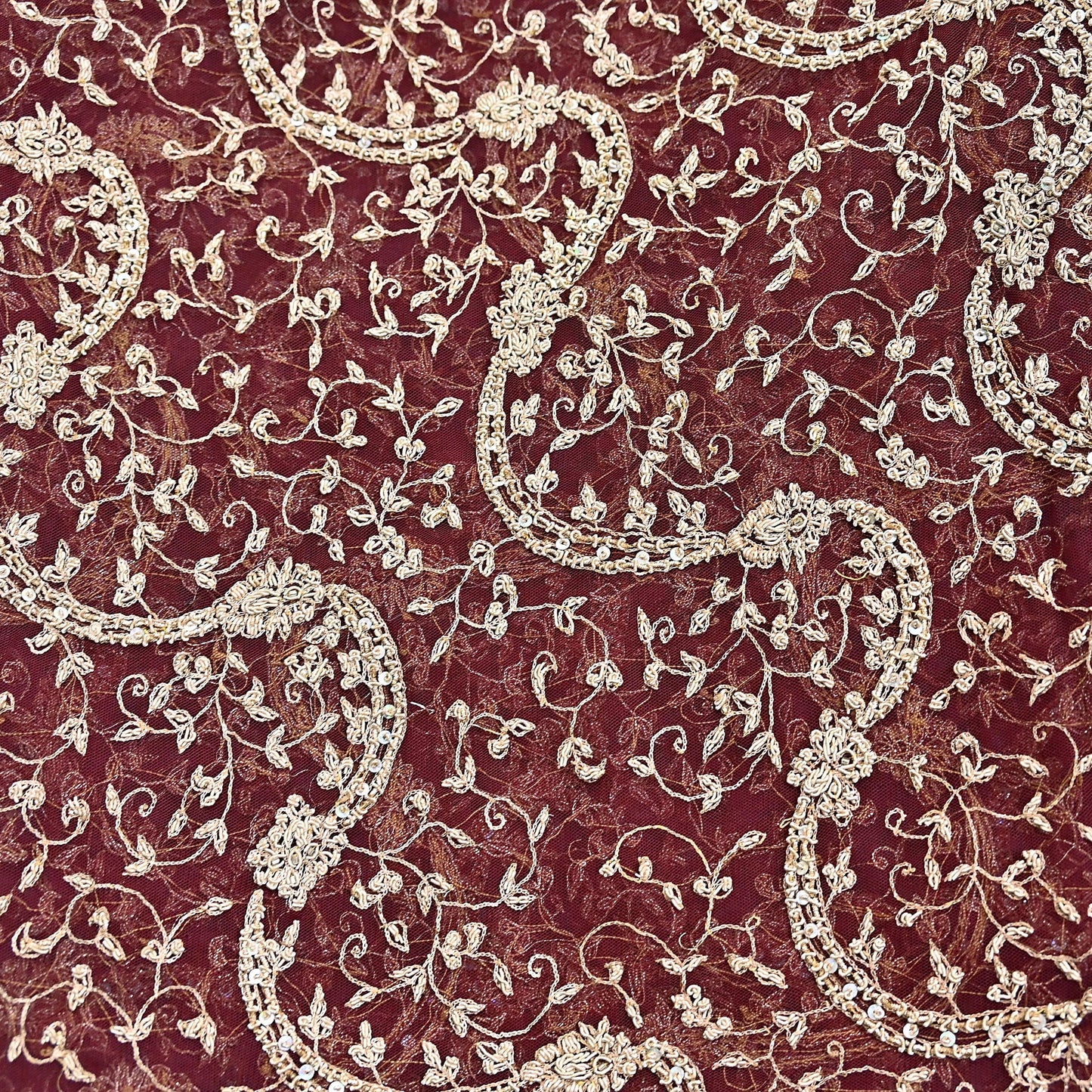 Indian Vintage Heavy Wedding Maroon Dupatta Net Mesh Long Stole Hand Embroidered Scarves Golden Zardozi Zari Sequins Dridal Veil Hijab