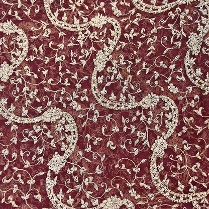 Indian Vintage Heavy Wedding Maroon Dupatta Net Mesh Long Stole Hand Embroidered Scarves Golden Zardozi Zari Sequins Dridal Veil Hijab