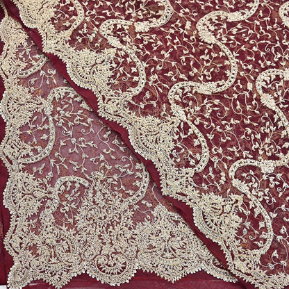 Indian Vintage Heavy Wedding Maroon Dupatta Net Mesh Long Stole Hand Embroidered Scarves Golden Zardozi Zari Sequins Dridal Veil Hijab