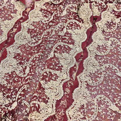 Indian Vintage Heavy Wedding Maroon Dupatta Net Mesh Long Stole Hand Embroidered Scarves Golden Zardozi Zari Sequins Dridal Veil Hijab