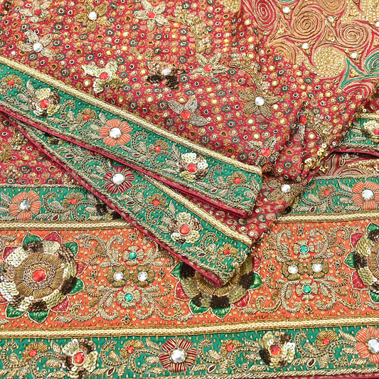 Indian Vintage Heavy Bridal Red Dupatta Pure Georgette Silk Long Stole Hand Embroidered Scarf Zardozi/Dabka Wedding red Hijab veil