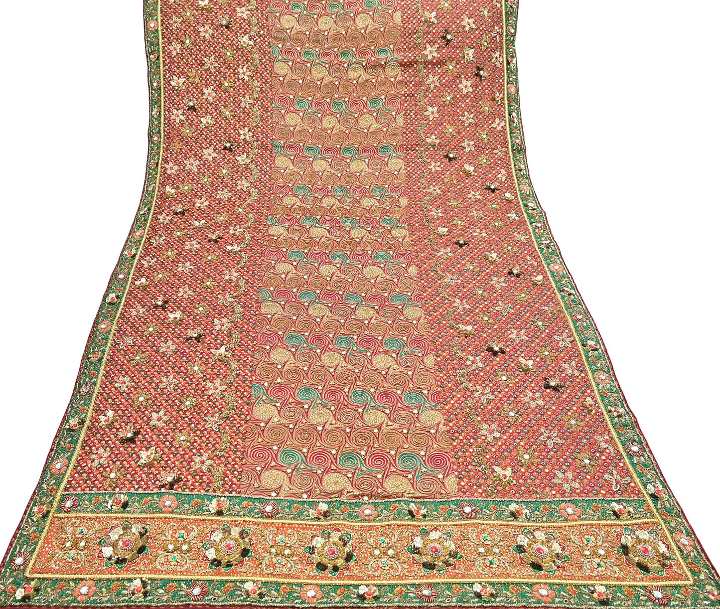 Indian Vintage Heavy Bridal Red Dupatta Pure Georgette Silk Long Stole Hand Embroidered Scarf Zardozi/Dabka Wedding red Hijab veil