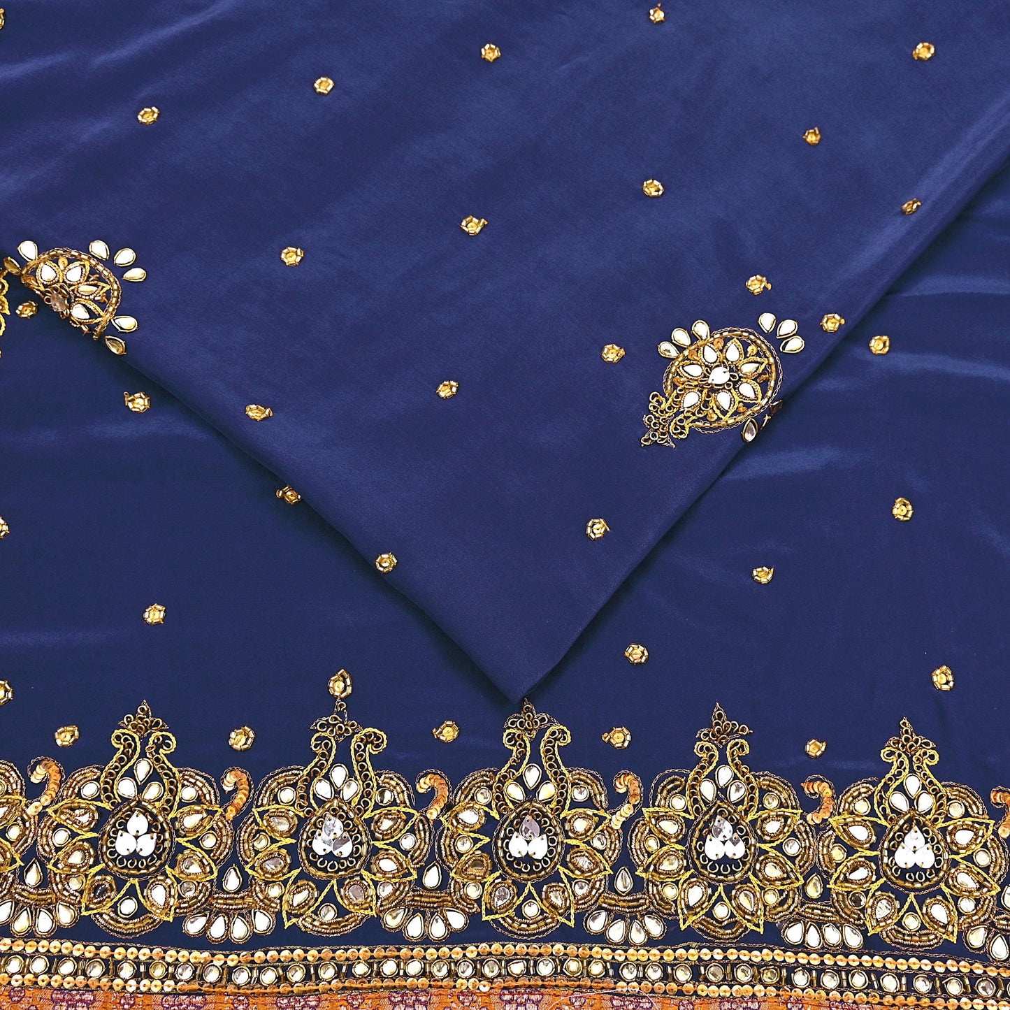 Indian Vintage Heavy Sari Blue Pure Crepe Silk Hand Embroidered Sarees Craft Fabric 5Yd Sewing Zardozi Dress making With Blouse Pcs
