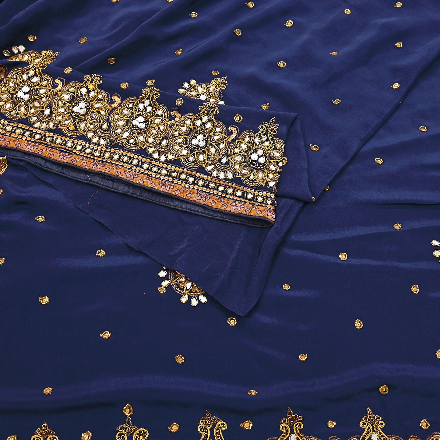 Indian Vintage Heavy Sari Blue Pure Crepe Silk Hand Embroidered Sarees Craft Fabric 5Yd Sewing Zardozi Dress making With Blouse Pcs