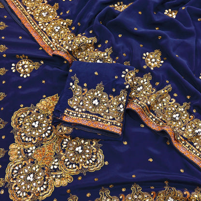 Indian Vintage Heavy Sari Blue Pure Crepe Silk Hand Embroidered Sarees Craft Fabric 5Yd Sewing Zardozi Dress making With Blouse Pcs
