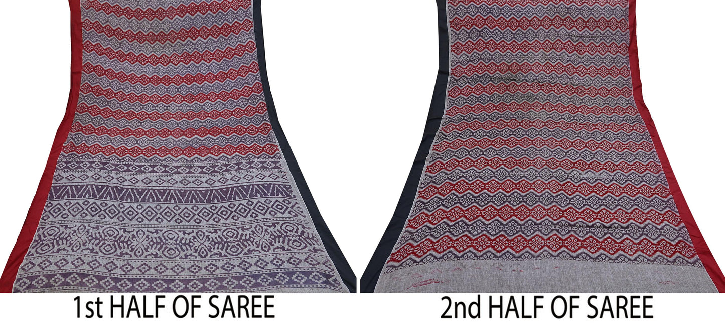 Indian Vintage Red, gray & purple Printed Pure Cotton Saree 5 Yards Soft Fabric for Sewing, Crafting, Quilting, Upcycling, Dressmaking, Boho