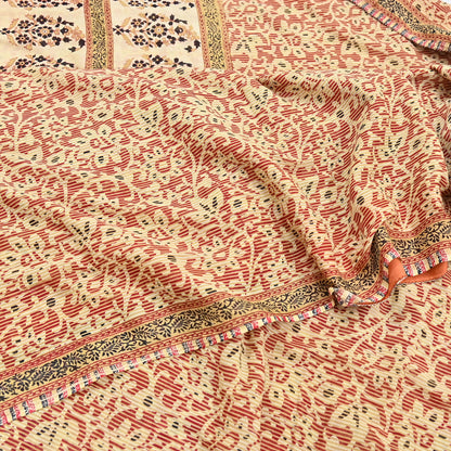 Indian Vintage Sari Red & Beige Printed 100% Pure Cotton Sarees Craft Fabric 5Yard Sewing Sarong Wrap Boho Floral Dress making Quilting Soft
