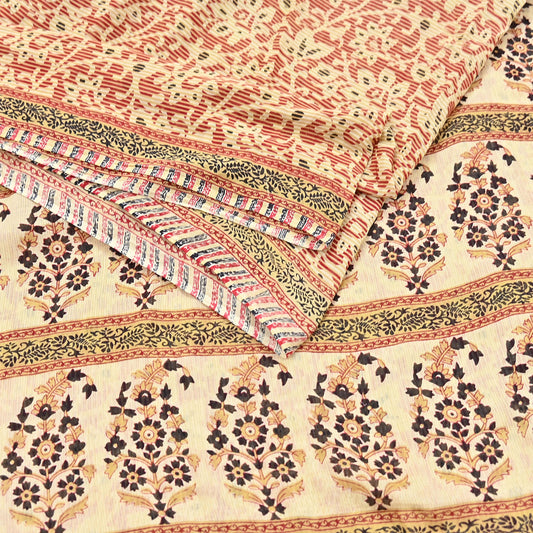 Indian Vintage Sari Red & Beige Printed 100% Pure Cotton Sarees Craft Fabric 5Yard Sewing Sarong Wrap Boho Floral Dress making Quilting Soft