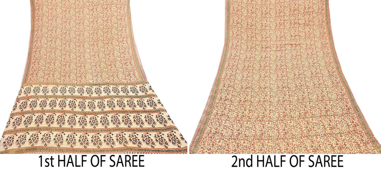 Indian Vintage Sari Red & Beige Printed 100% Pure Cotton Sarees Craft Fabric 5Yard Sewing Sarong Wrap Boho Floral Dress making Quilting Soft