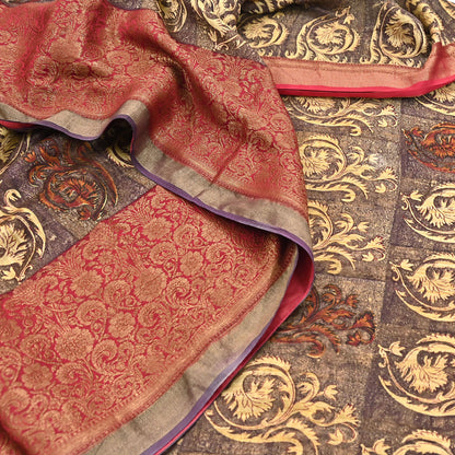 Indian Vintage Sari Brown beige chanderi Silk block Printed Saree 5Yd Fabric Floral Soft Zari Border Ethnic Upcycle Crafting Dress making