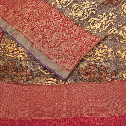 Indian Vintage Sari Brown beige chanderi Silk block Printed Saree 5Yd Fabric Floral Soft Zari Border Ethnic Upcycle Crafting Dress making